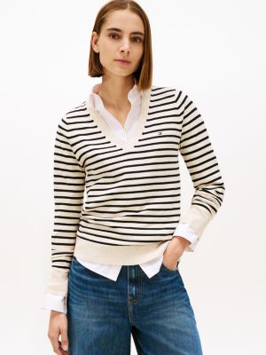 Stripe V-Neck Sweater, Light Beige Heather Stripe