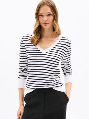 Stripe V-Neck Sweater, Ecru