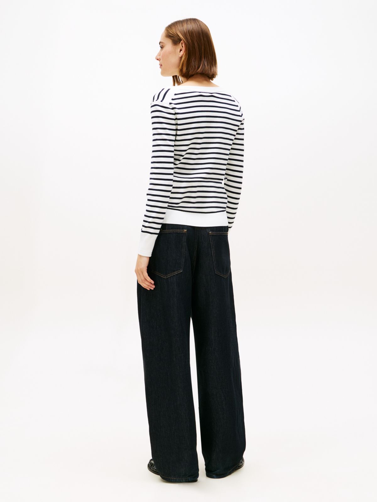 Striped V-Neck Sweater — Ecru