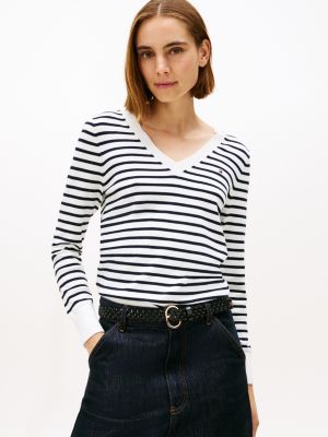 Stripe V-Neck Sweater, Ecru Stripe
