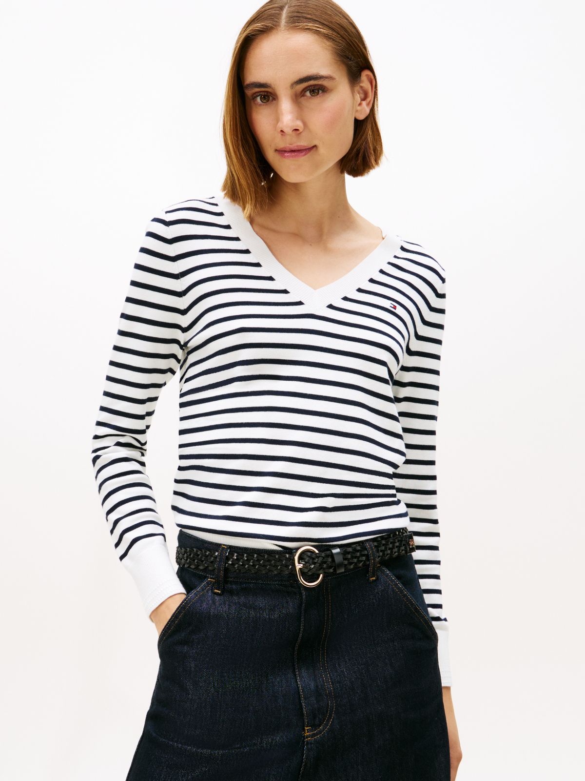 Striped V-Neck Sweater — Ecru