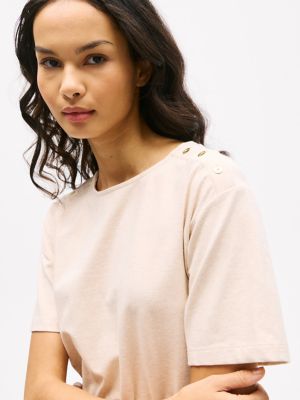 Belted Gold Button T-Shirt Dress, Light Brown
