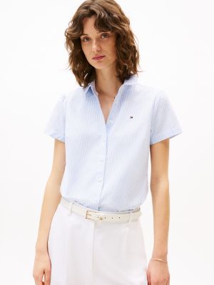 Short-Sleeve Stripe Oxford Shirt, Powder Blue