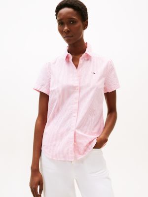 Short-Sleeve Stripe Oxford Shirt, Fandango Pink