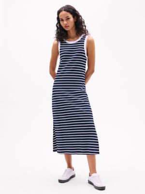 Sleeveless Stripe Ribbed Midi Dress, Navy Multi
