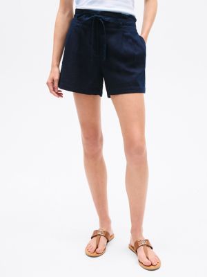 Linen-Blend Paper Bag Short, Navy