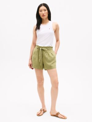 Linen-Blend Paper Bag Short, Faded Olive