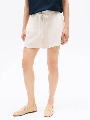 Linen-Blend Paper Bag Short, Ecru