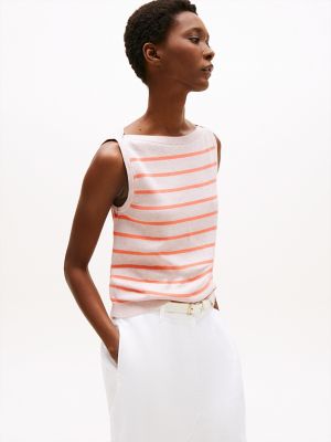 Stripe Boatneck Sweater Tank, Beige / Orange Stripe