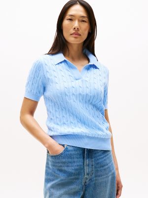 Short-Sleeve Cable Knit Polo Sweater, Vessel Blue