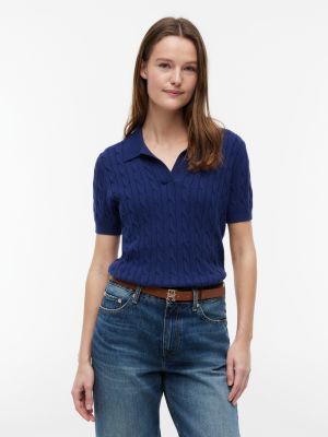Short-Sleeve Cable Knit Sweater Polo, Preppy Navy