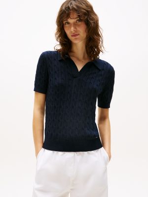 Short-Sleeve Cable Knit Polo Sweater, Navy