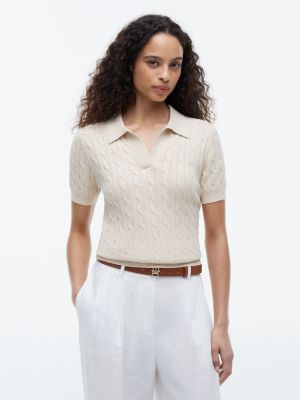 Short-Sleeve Cable Knit Sweater Polo, Sugarcane