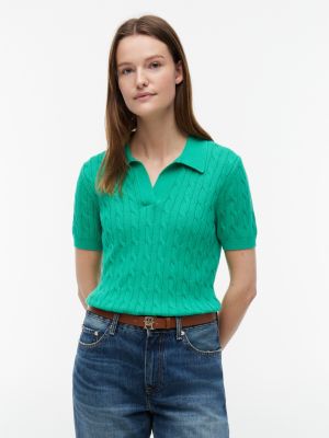 Short-Sleeve Cable Knit Sweater Polo, Cosmic Green