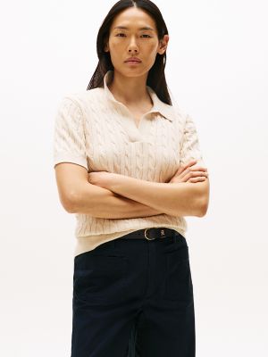 Short-Sleeve Cable Knit Polo Sweater, Dark Beige