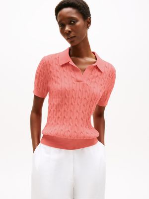 Short-Sleeve Cable Knit Polo Sweater, Peach Dusk