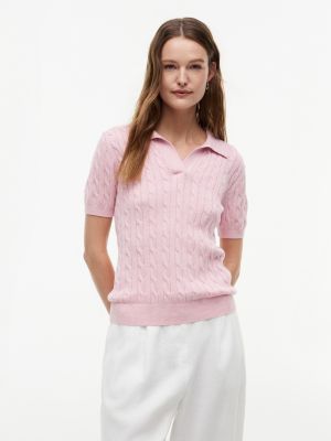 Short-Sleeve Cable Knit Sweater Polo, Pink Heather