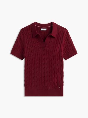 Женские рубашки Tommy Hilfiger Short-Sleeve Cable Knit Sweater Polo, цвет: Бордовый — фото 5