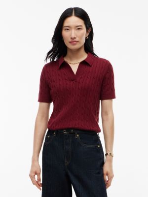 Short-Sleeve Cable Knit Sweater Polo, Burgundy