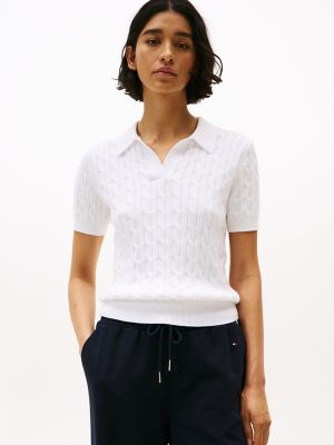 Short-Sleeve Cable Knit Polo Sweater, Optic White