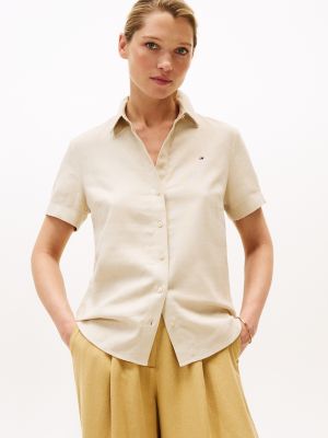 Short-Sleeve Linen-Blend Shirt, Classic Beige