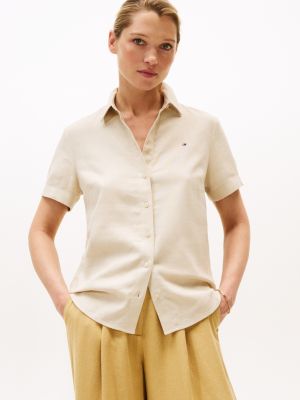 Short-Sleeve Linen-Blend Shirt, Classic Beige