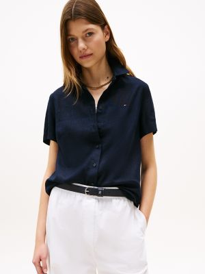 Short-Sleeve Linen-Blend Shirt, Navy
