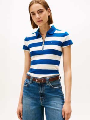 Slim Fit Rugby Stripe Zip Polo, Deep Indigo