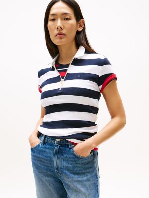 Slim Fit Rugby Stripe Zip Polo, Navy Stripe