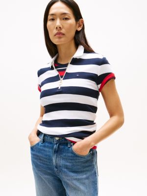 Slim Fit Rugby Stripe Zip Polo, Navy Stripe