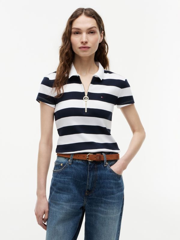 Slim Fit Rugby Striped Zip Polo — Navy Stripe