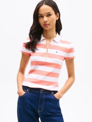 Slim Fit Rugby Stripe Zip Polo, Peach Dusk Stripe