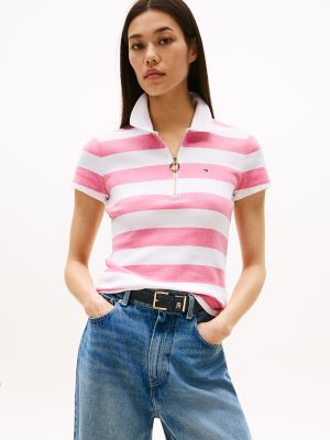 Slim Fit Rugby Stripe Zip Polo, Pink Heather Stripe