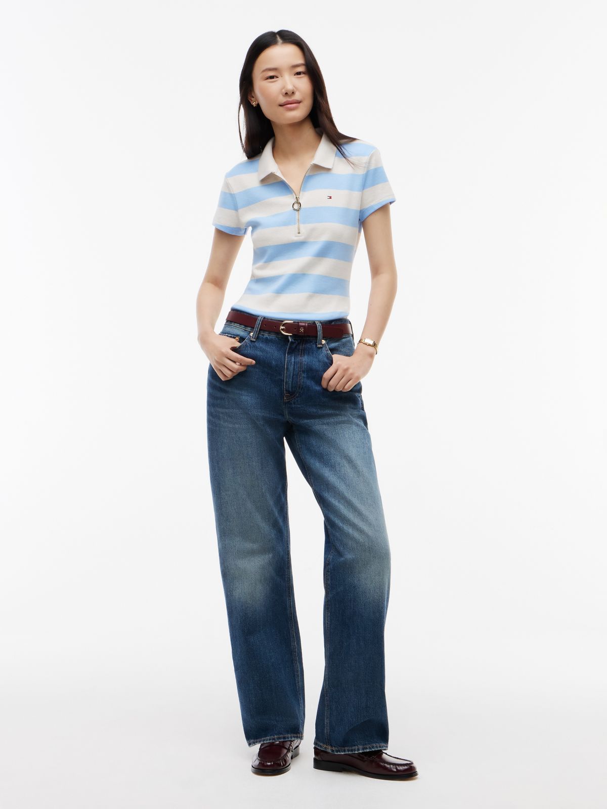 Slim Fit Rugby Striped Zip Polo — Light Blue