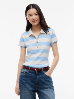 Slim Fit Rugby Striped Zip Polo, Light Blue