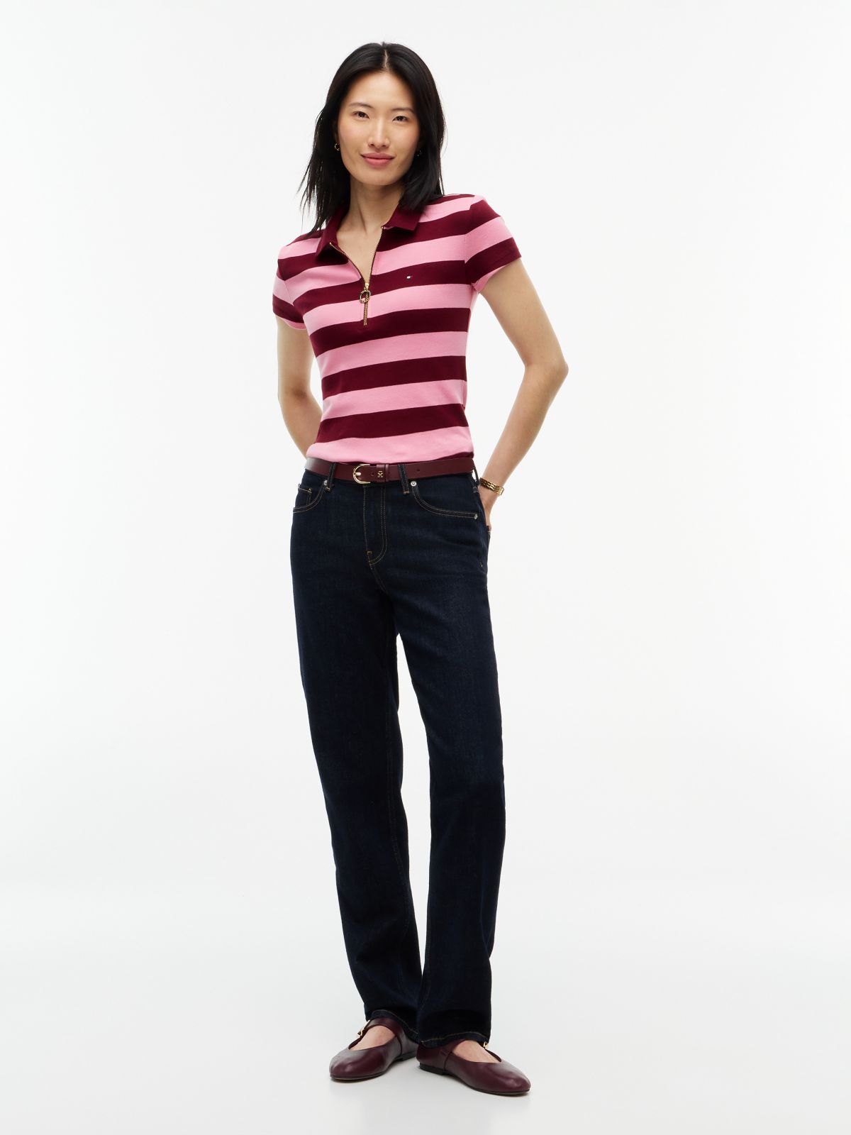 Slim Fit Rugby Striped Zip Polo — Burgundy Combo