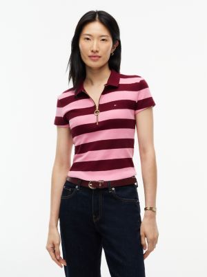 Slim Fit Rugby Striped Zip Polo, Burgundy Combo