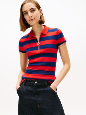 Slim Fit Rugby Stripe Zip Polo, Deep Crimson