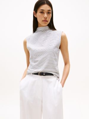 Striped Sleeveless Mockneck T-Shirt, Navy Blue Stripe