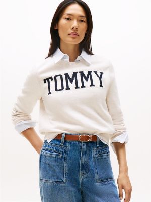 Intarsia Tommy Logo Sweater, Beige