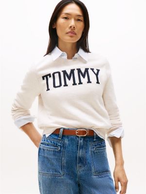Intarsia Tommy Logo Sweater, Beige