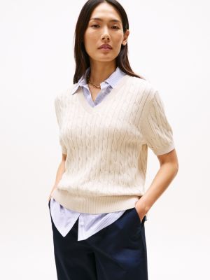 Layered-Look Cable Knit Sweater, Classic Beige