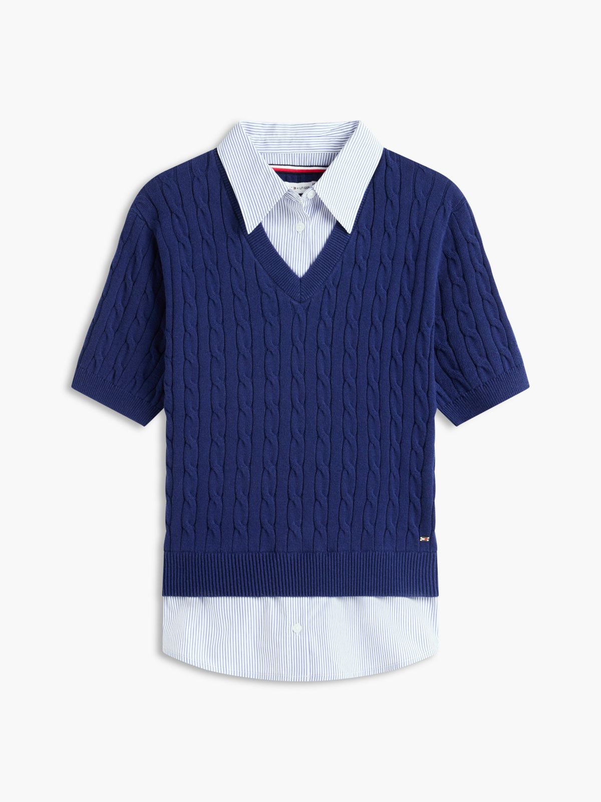 Layered-Look Cable Knit Sweater — Preppy Navy