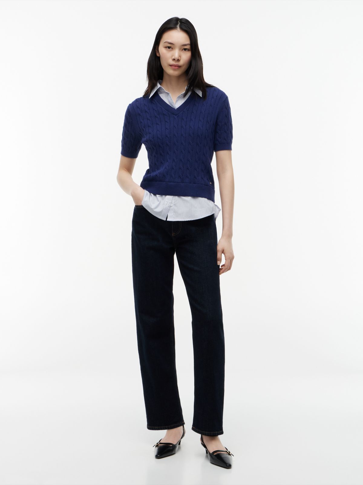 Layered-Look Cable Knit Sweater — Preppy Navy