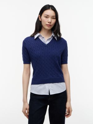 Layered-Look Cable Knit Sweater, Preppy Navy