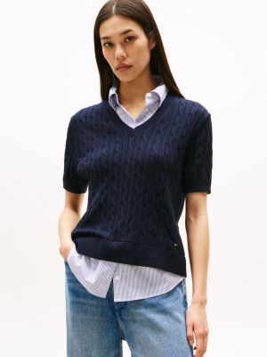 Layered-Look Cable Knit Sweater, Navy