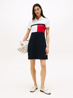 Flag Colorblock Stretch Polo Dress, White Colorblock