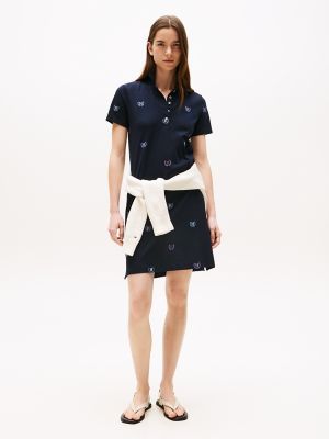 Allover Crest Stretch Polo Dress, Navy