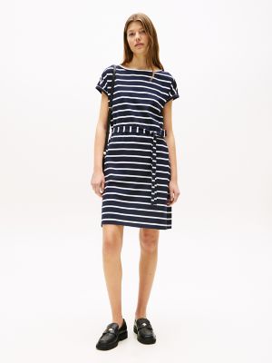 Belted Stripe Stretch T-Shirt Dress, Navy Stripe