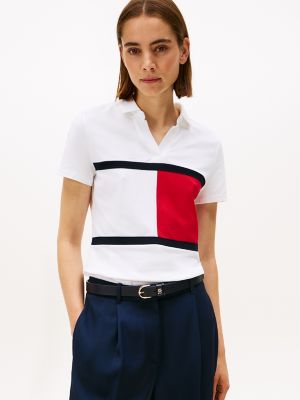 Polo extensible à patte ouverte avec drapeau audacieux, blanc optique